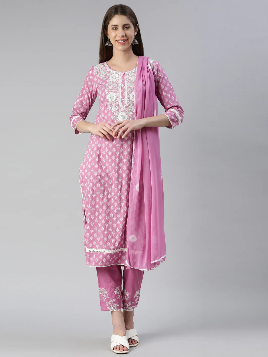 Neerus Women Purple Embroidered Calf Length Kurta And Trousers With Dupatta
