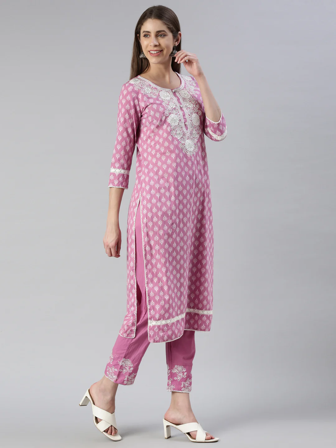Neerus Women Purple Embroidered Calf Length Kurta And Trousers With Dupatta - Image 2