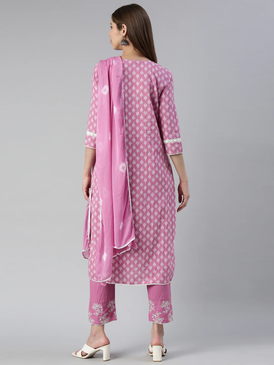 Neerus Women Purple Embroidered Calf Length Kurta And Trousers With Dupatta - Image 3