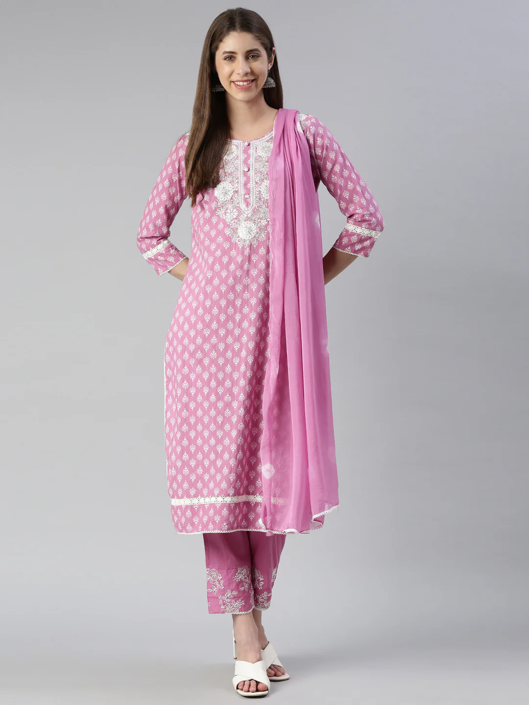 Neerus Women Purple Embroidered Calf Length Kurta And Trousers With Dupatta - Image 5