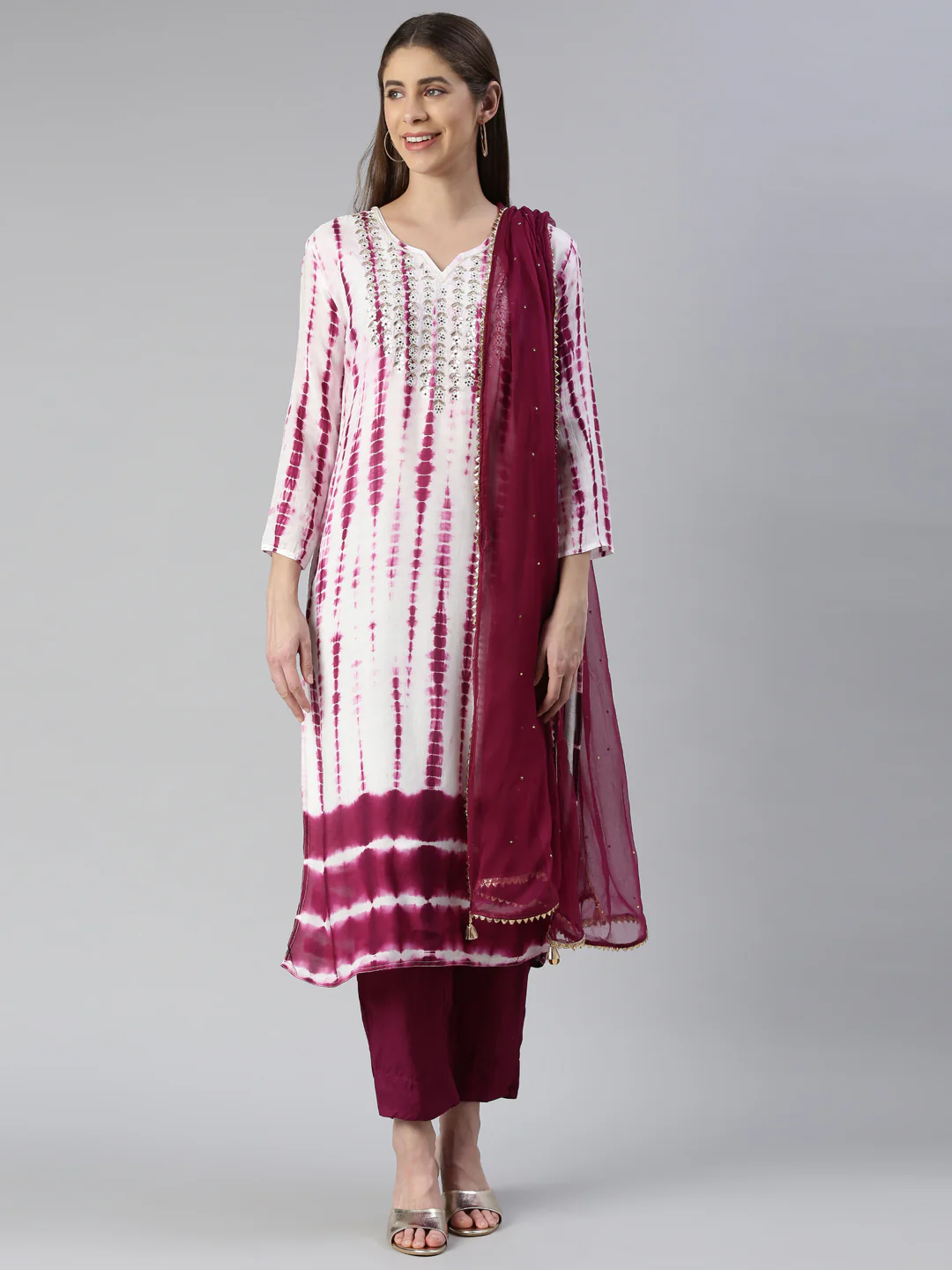 Neerus Women Purple Printed Calf Length Kurta And Trousers With Dupatta