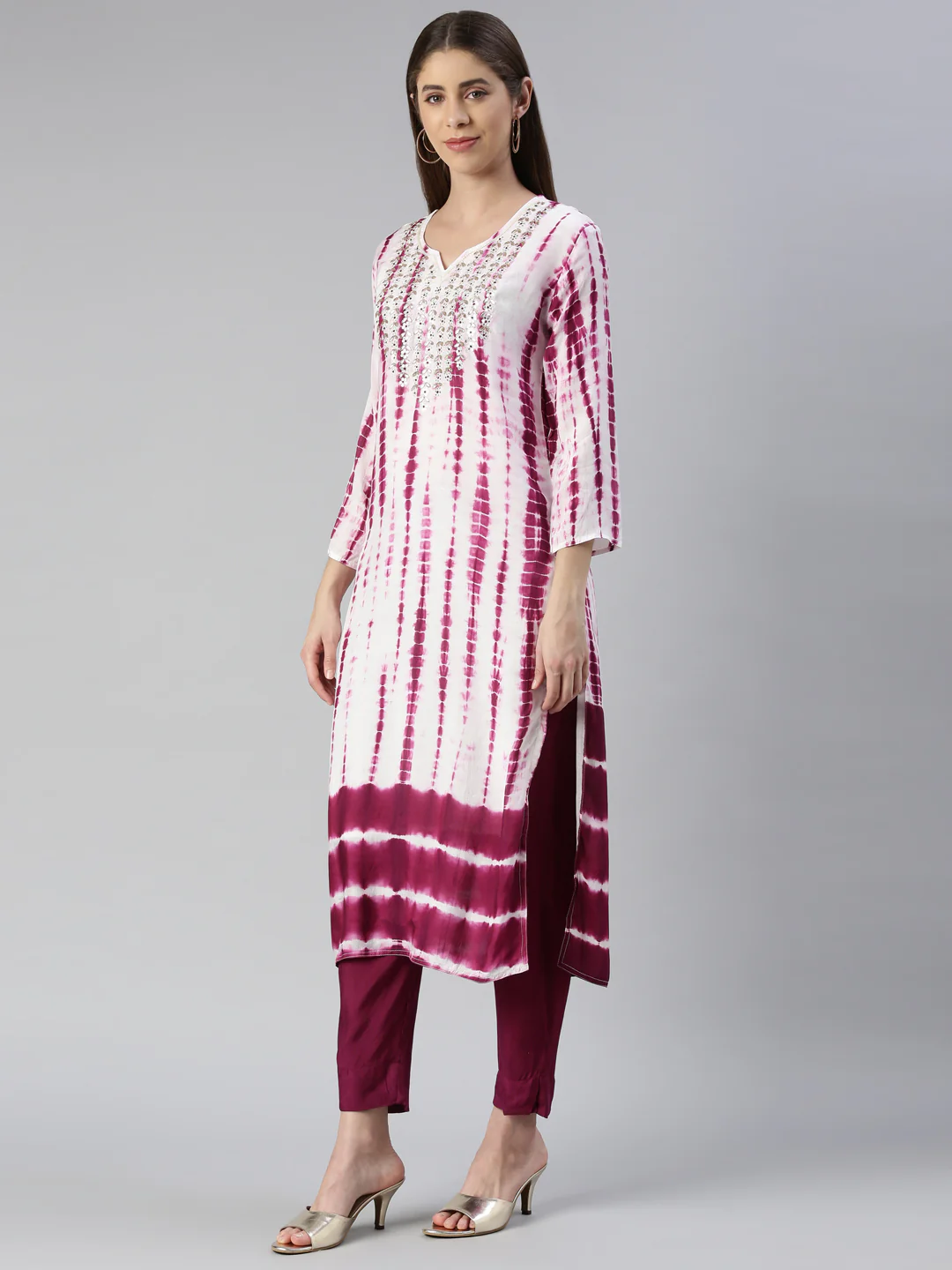 Neerus Women Purple Printed Calf Length Kurta And Trousers With Dupatta - Image 2