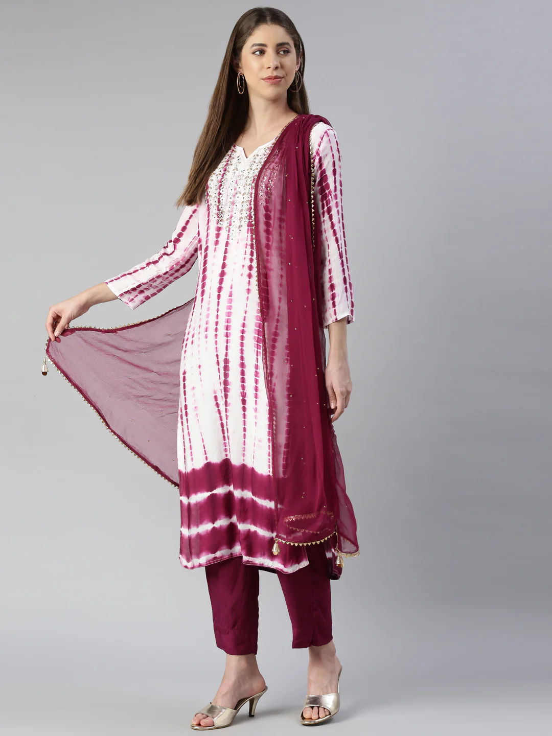 Neerus Women Purple Printed Calf Length Kurta And Trousers With Dupatta - Image 5
