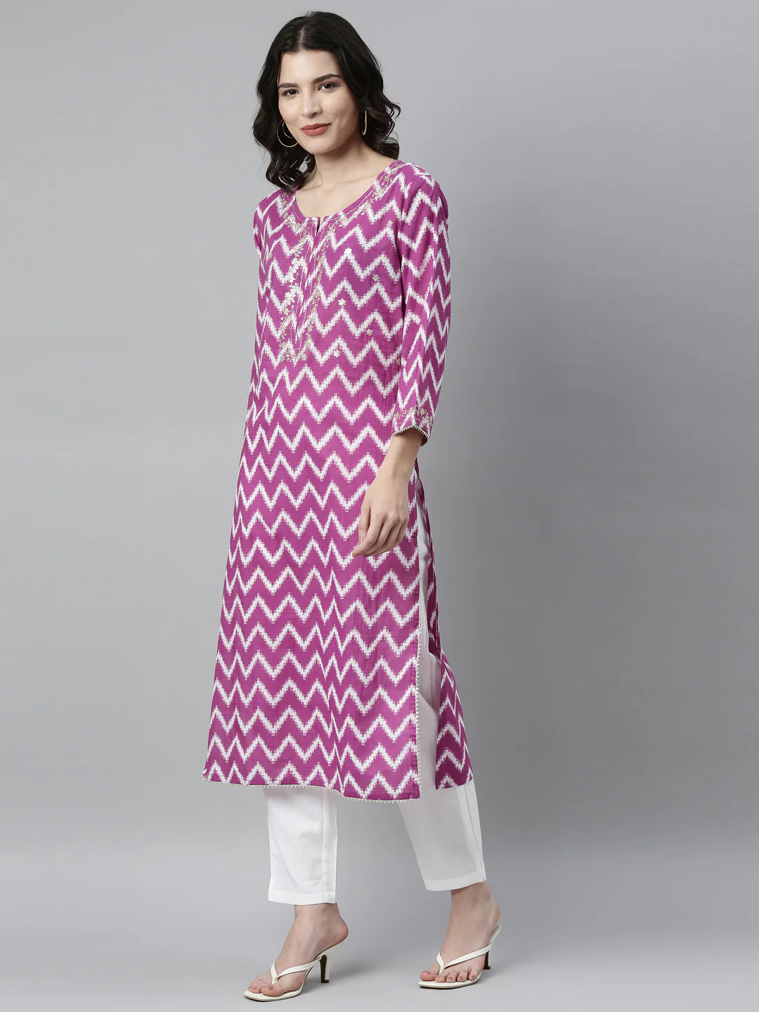 Neerus Women Purple Printed Thread Work Kurta with Trousers - Image 2