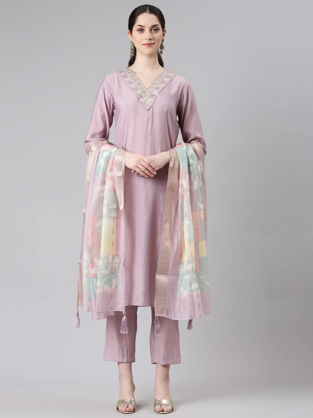 Neerus Women Purple Straight Kurta and Trousers With Dupatta