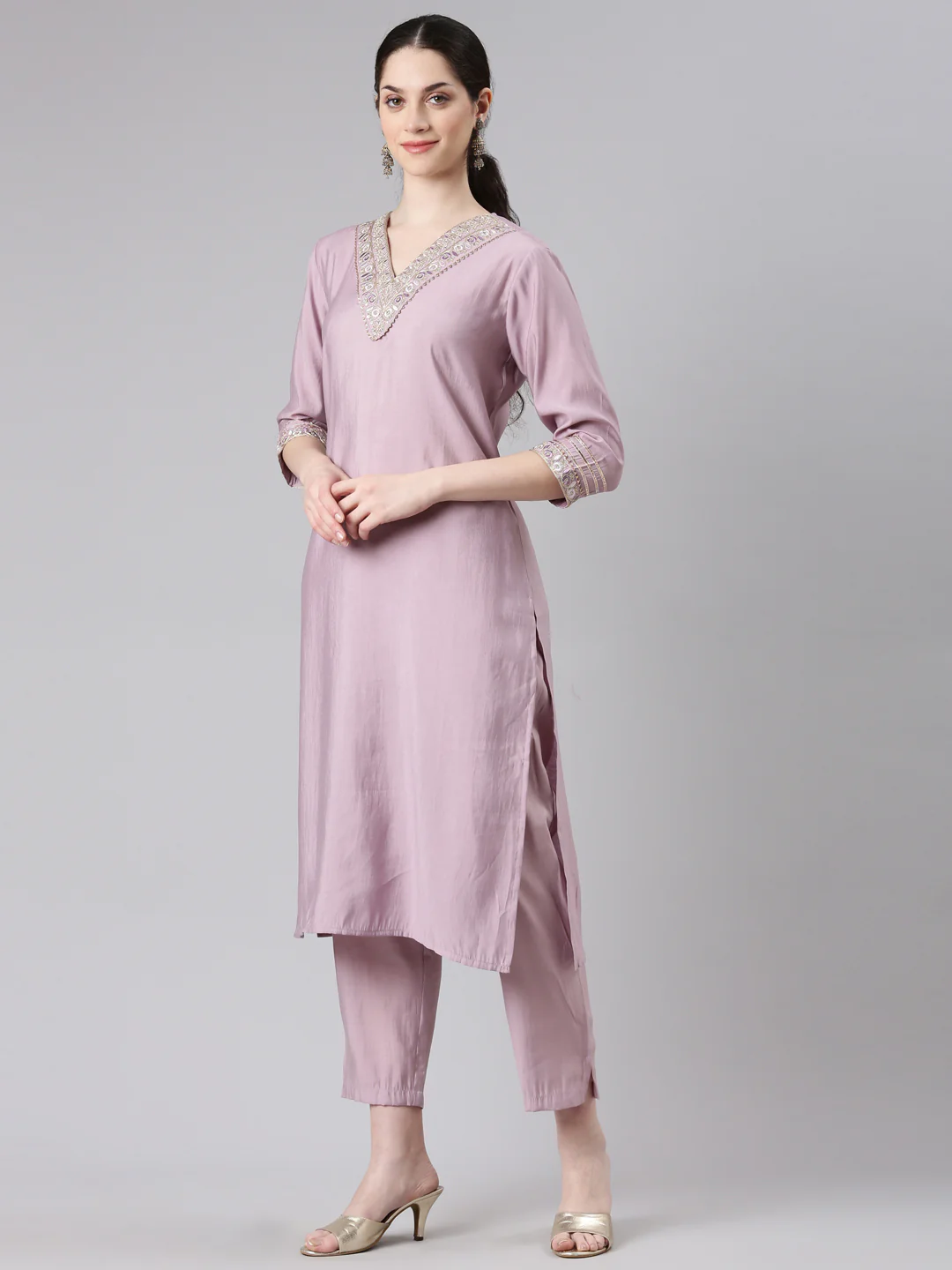 Neerus Women Purple Straight Kurta and Trousers With Dupatta - Image 2
