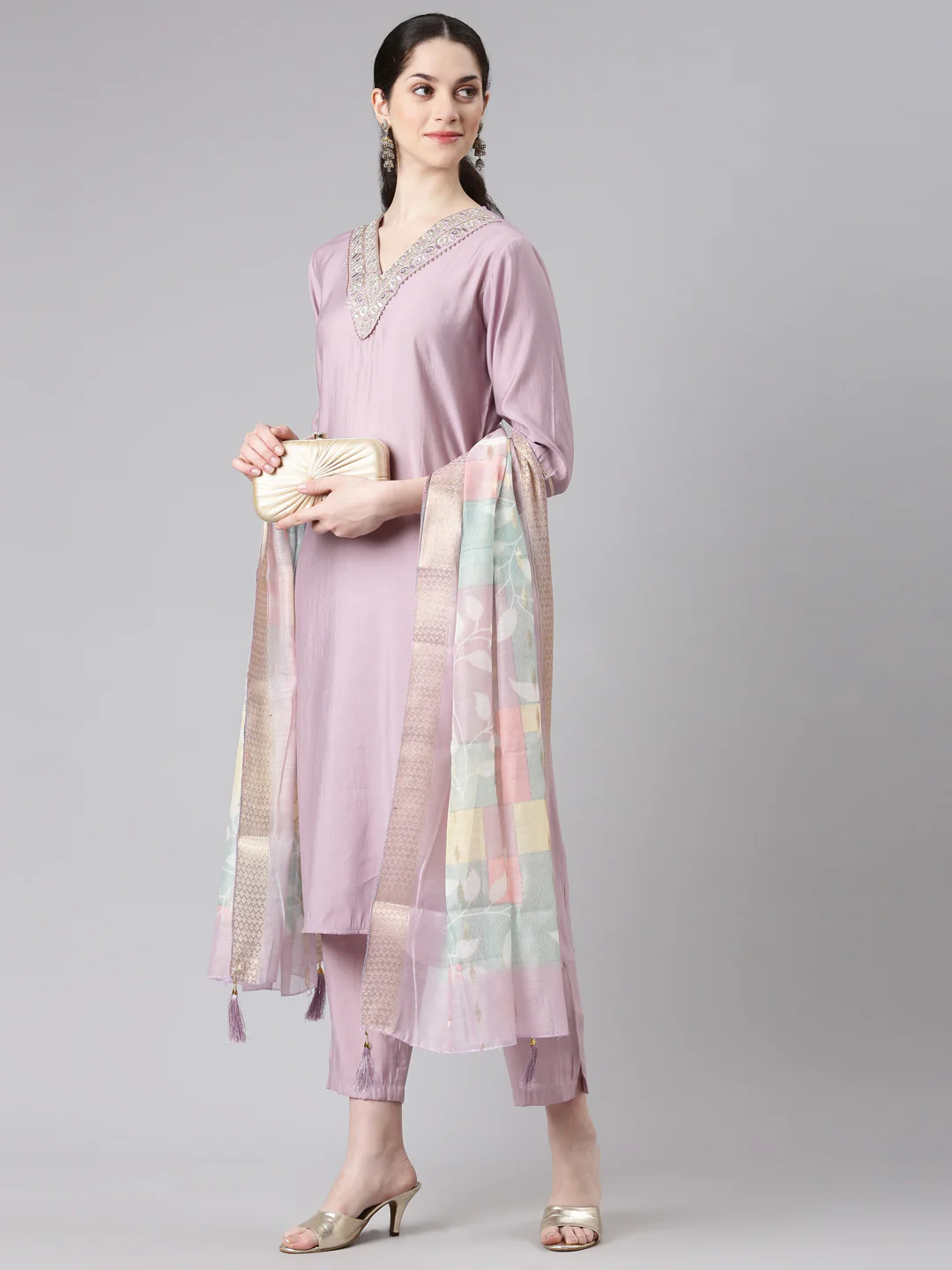 Neerus Women Purple Straight Kurta and Trousers With Dupatta - Image 5