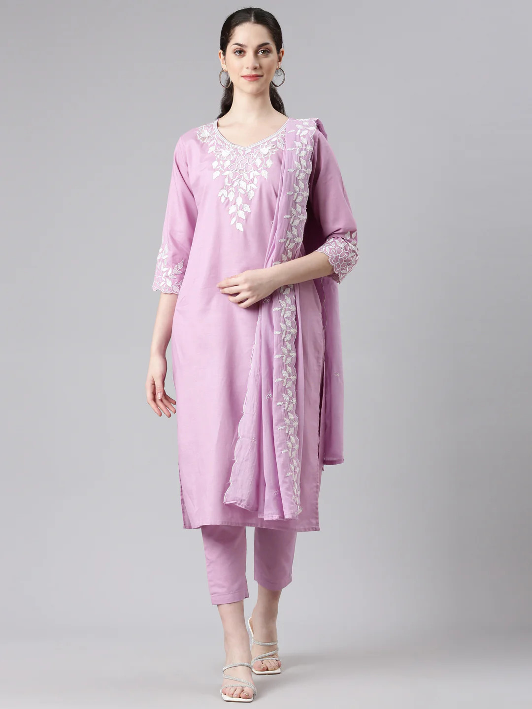 Neerus Women Purple Straight Kurta and Trousers With Dupatta