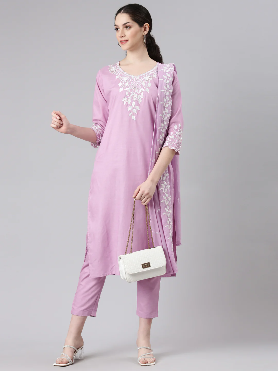 Neerus Women Purple Straight Kurta and Trousers With Dupatta - Image 5
