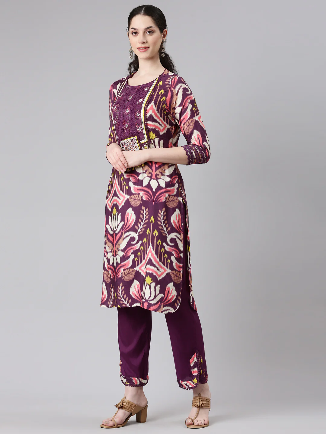 Neerus Women Purple Straight Kurta and Trousers With Dupatta - Image 2