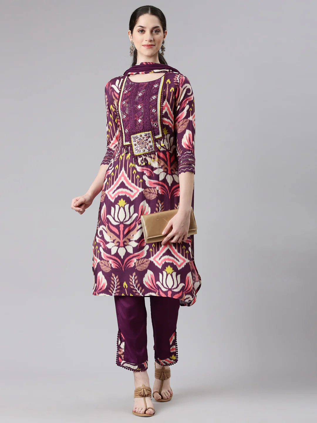 Neerus Women Purple Straight Kurta and Trousers With Dupatta - Image 5
