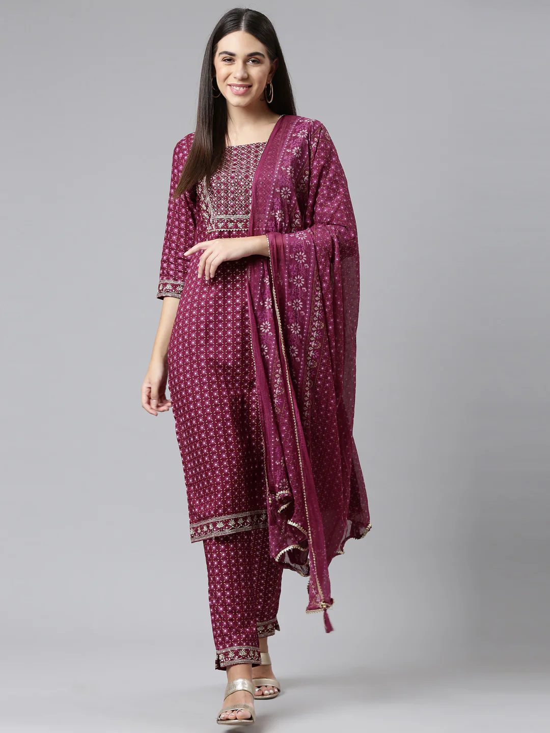 Neerus Women Purple Yoke Design Panelled Mirror Work Kurta with Trousers With Dupatta