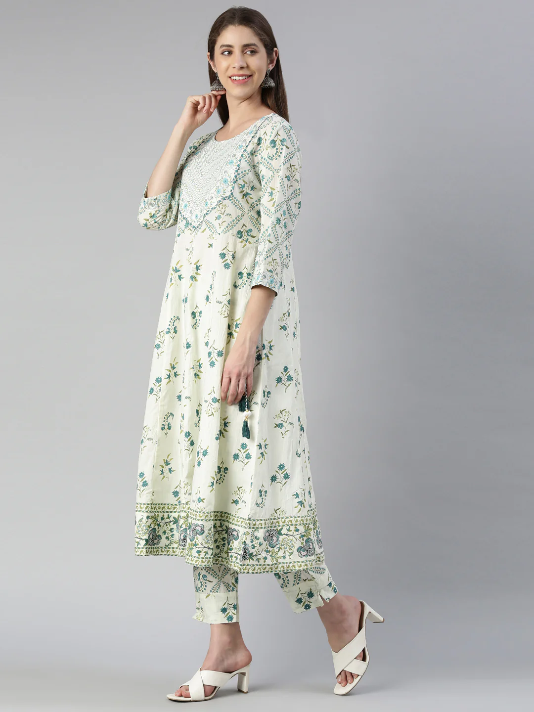 Neerus Women Rama Printed Calf Length Kurta And Trousers With Dupatta - Image 2