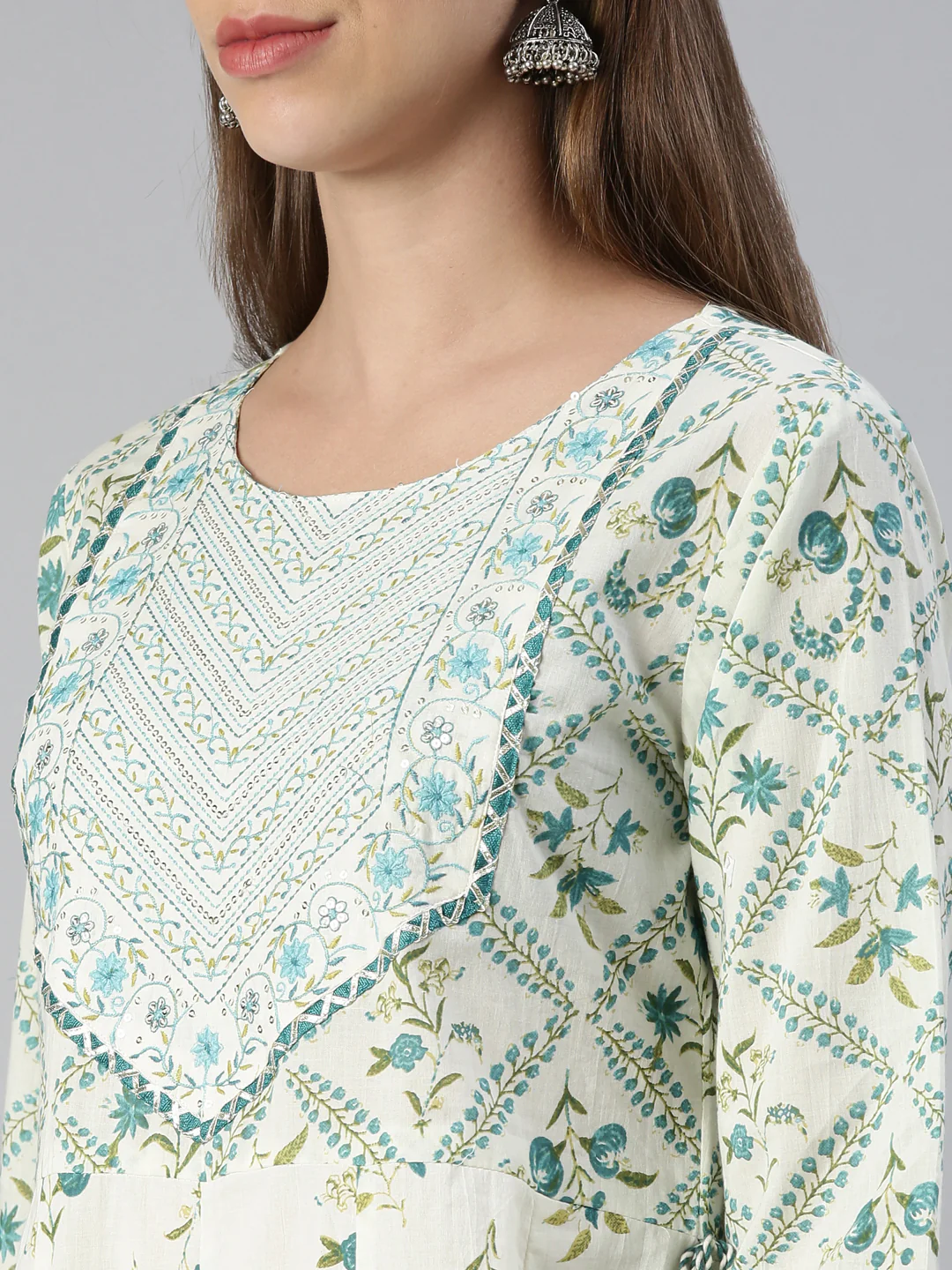 Neerus Women Rama Printed Calf Length Kurta And Trousers With Dupatta - Image 4