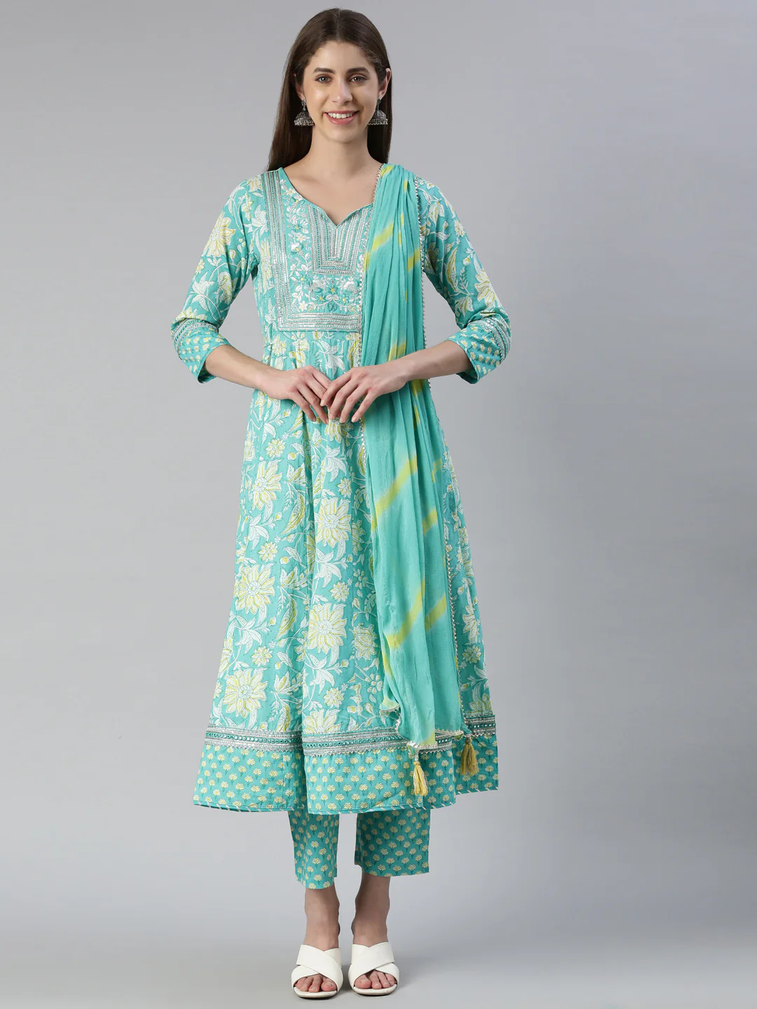 Neerus Women Rama Printed Calf Length Kurta And Trousers With Dupatta