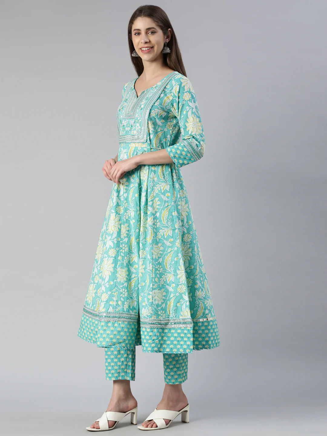 Neerus Women Rama Printed Calf Length Kurta And Trousers With Dupatta - Image 2