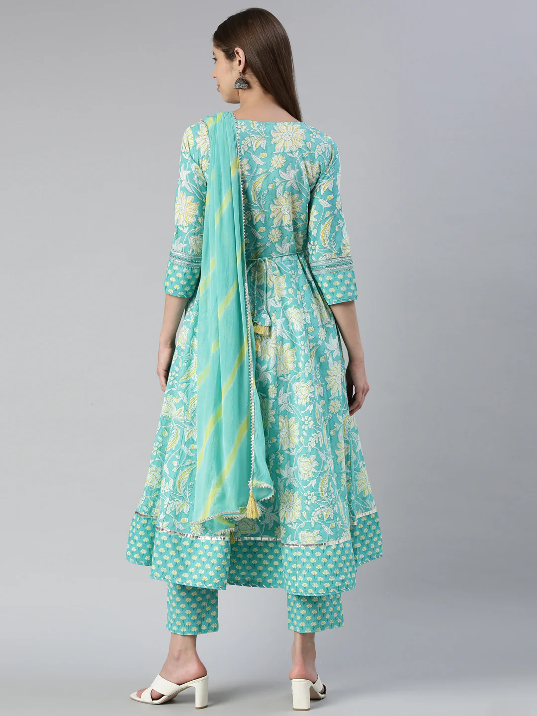 Neerus Women Rama Printed Calf Length Kurta And Trousers With Dupatta - Image 3