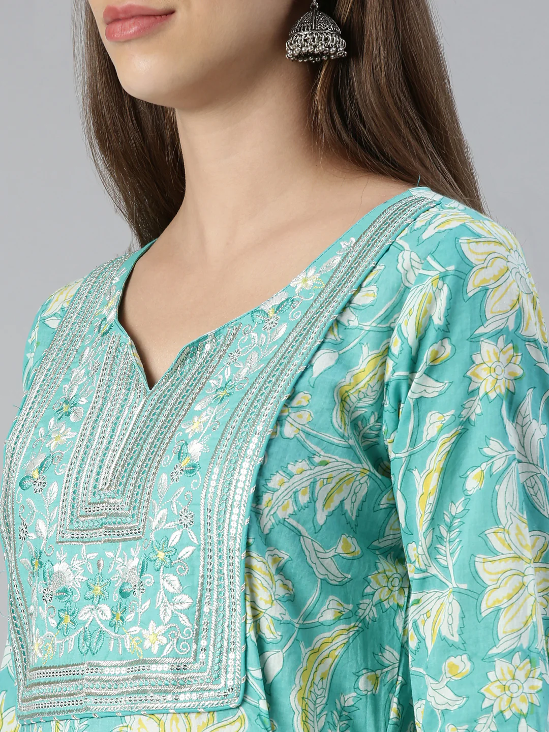 Neerus Women Rama Printed Calf Length Kurta And Trousers With Dupatta - Image 4