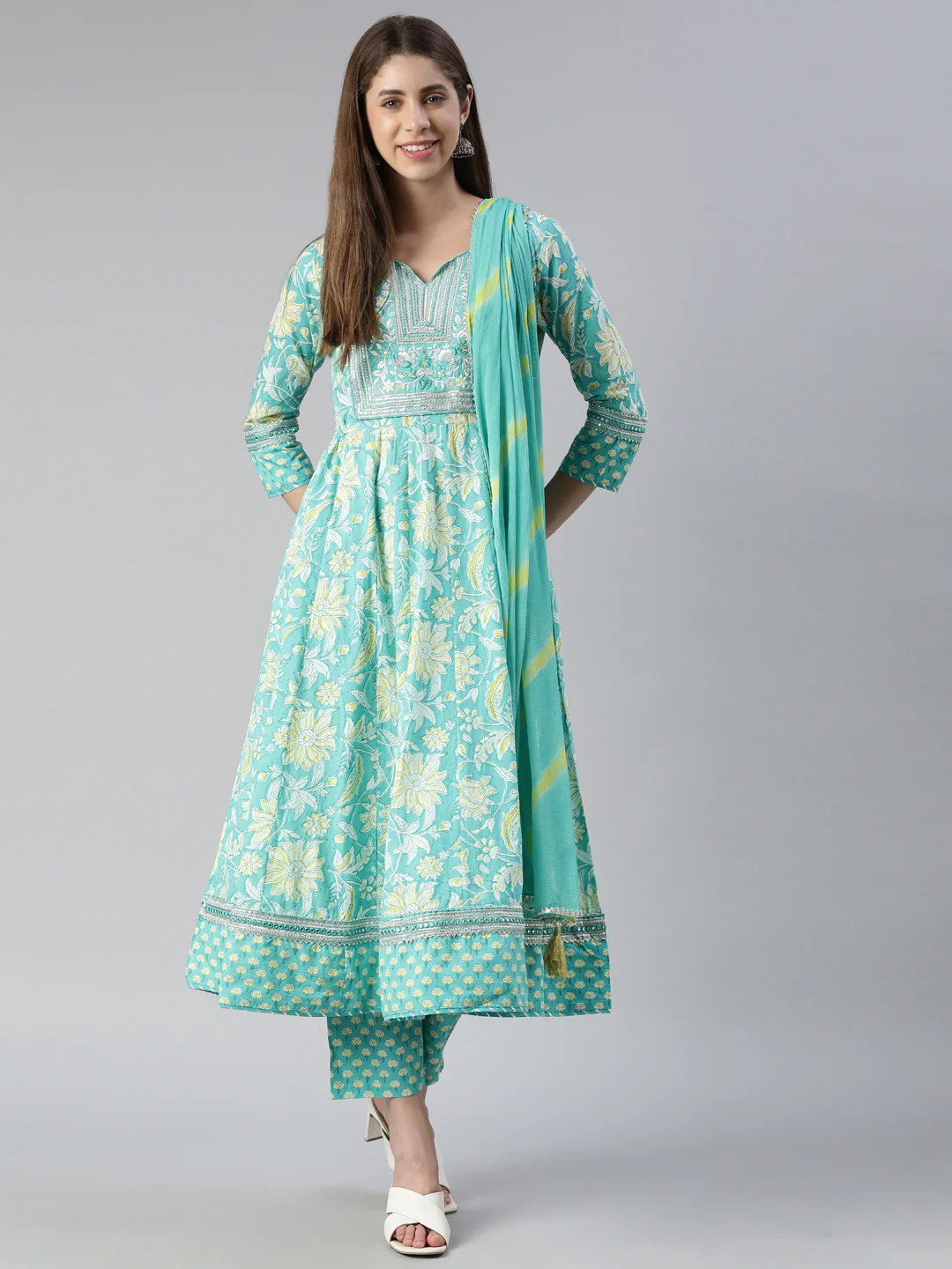 Neerus Women Rama Printed Calf Length Kurta And Trousers With Dupatta - Image 5