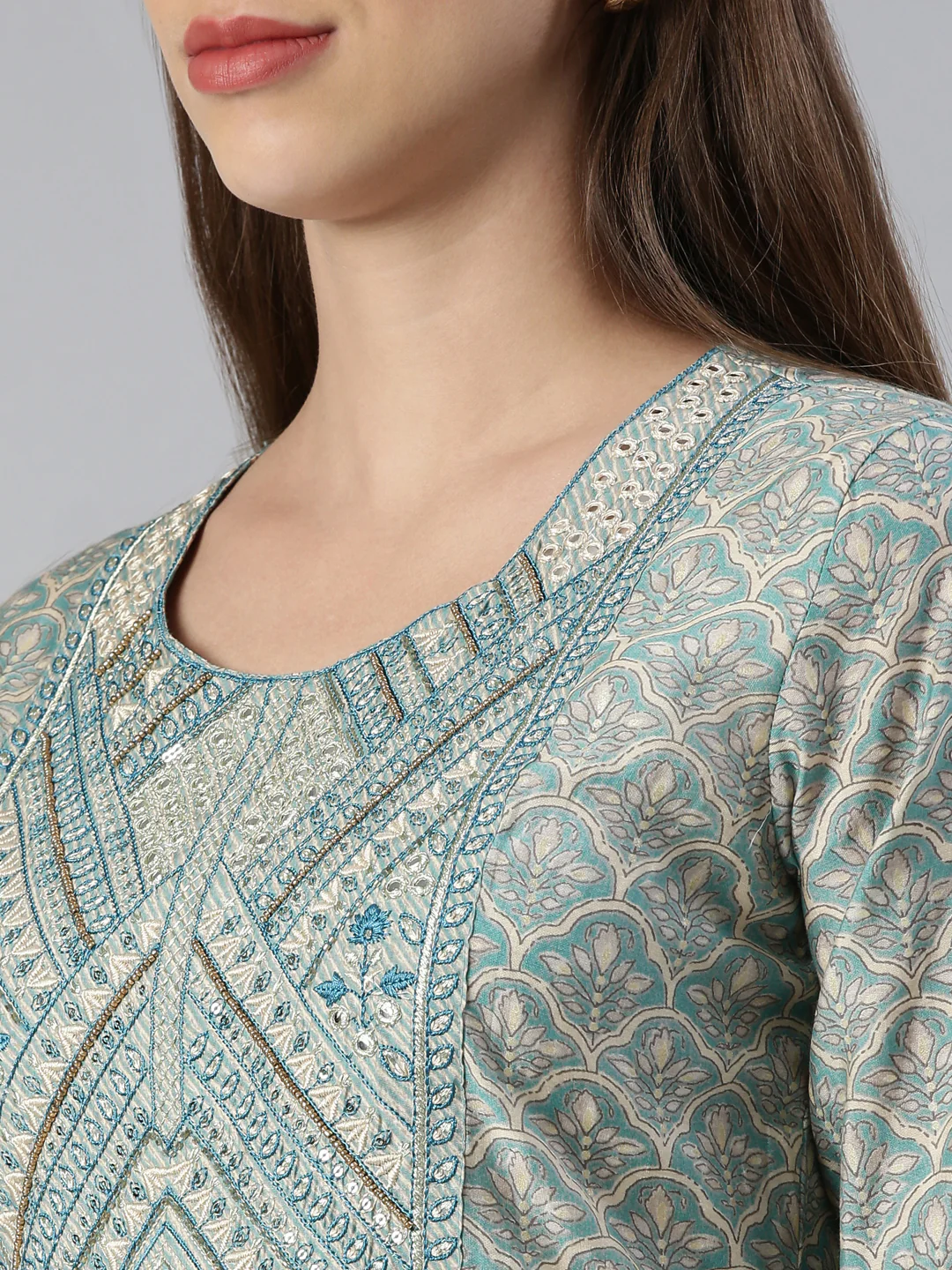 Neerus Women Rama Yoke Design Calf Length Kurta And Trousers - Image 4