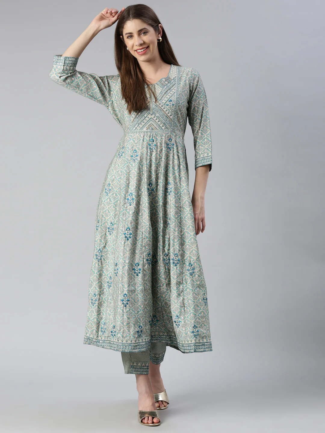 Neerus Women Rama Yoke Design Calf Length Kurta And Trousers - Image 5