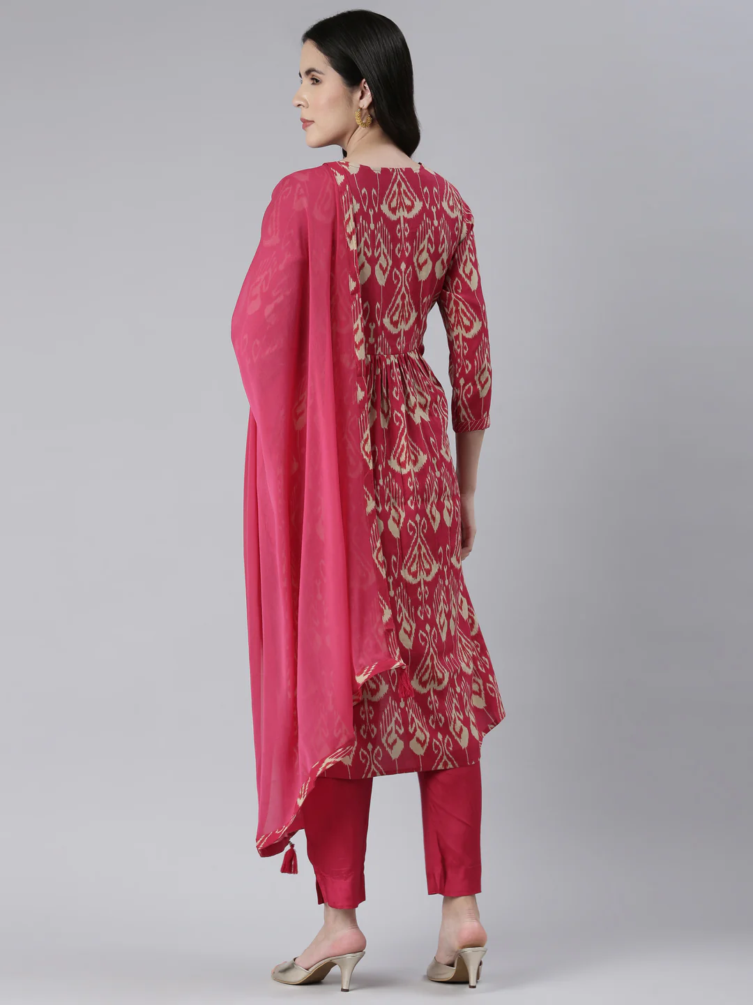 Neerus Women Rani Pink Yoke Design Calf Length Kurta And Trousers With Dupatta - Image 3