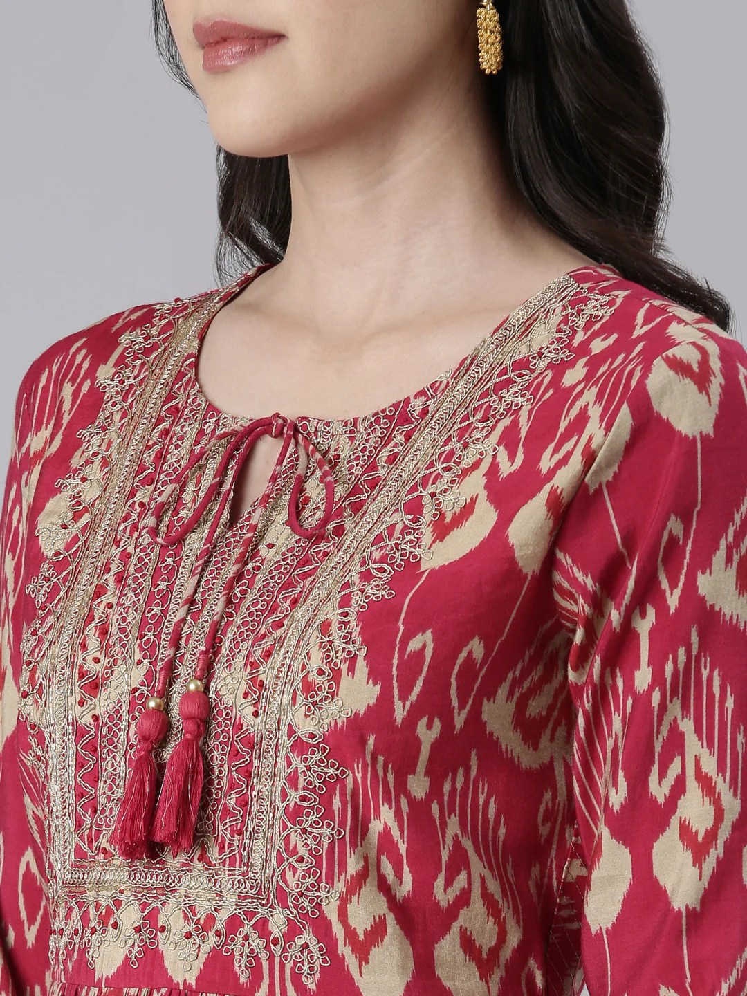 Neerus Women Rani Pink Yoke Design Calf Length Kurta And Trousers With Dupatta - Image 4