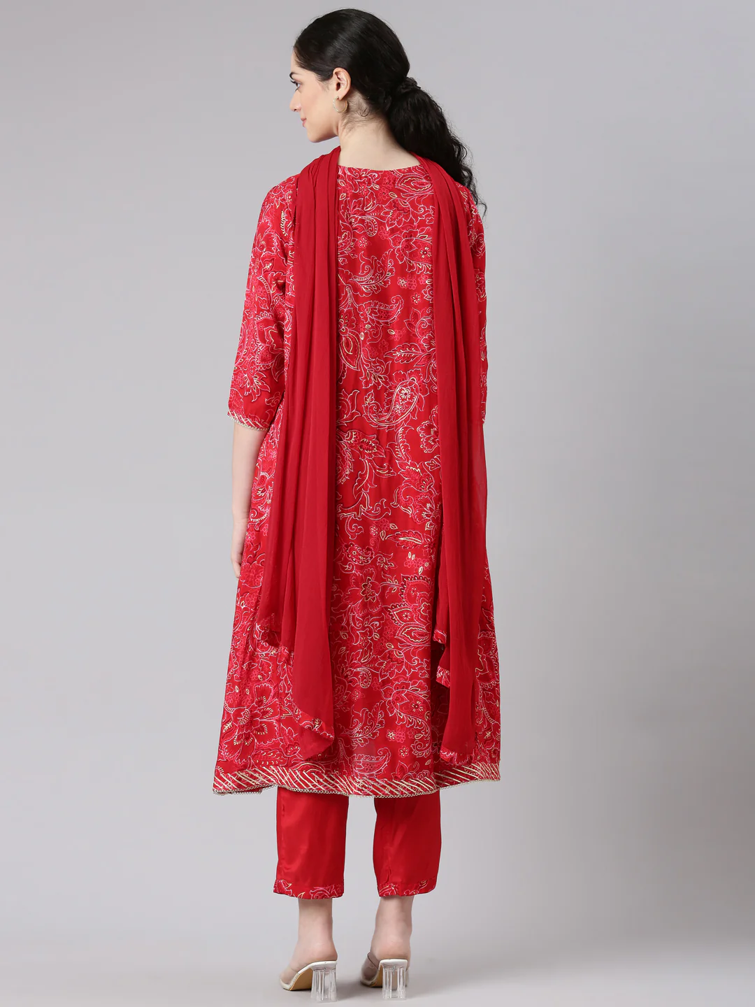 Neerus Women Red A-Line Kurta and Trousers With Dupatta - Image 3