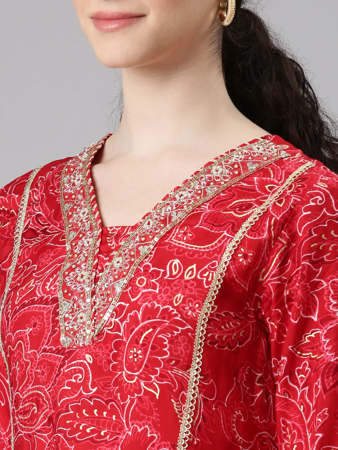 Neerus Women Red A-Line Kurta and Trousers With Dupatta - Image 4