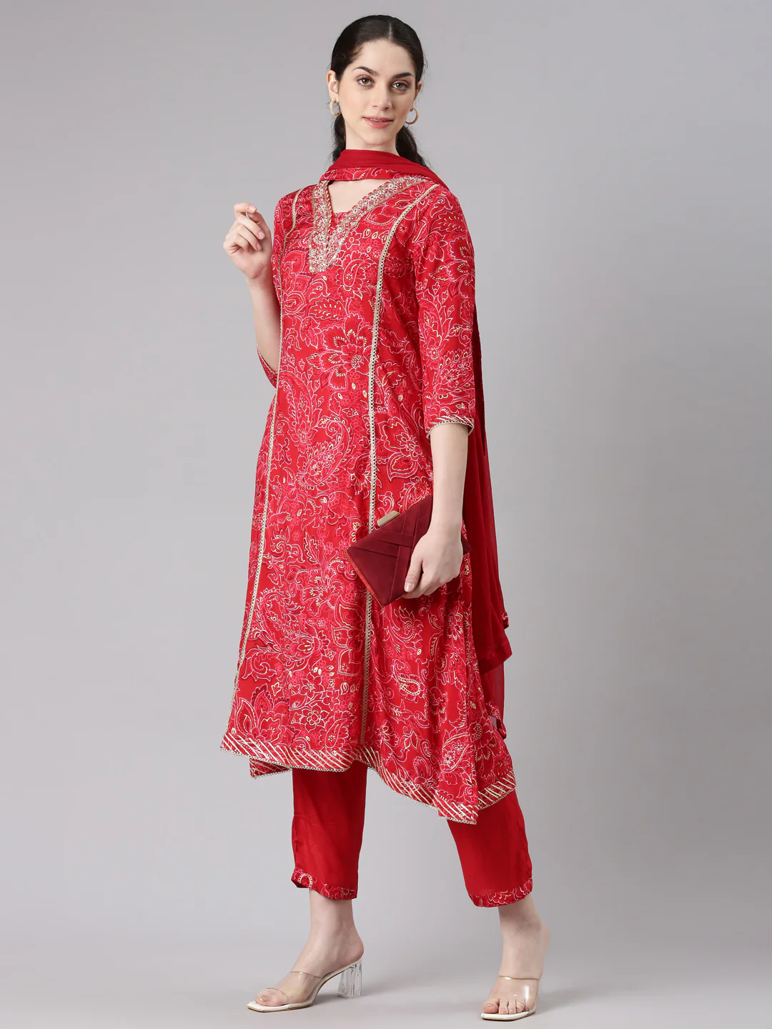 Neerus Women Red A-Line Kurta and Trousers With Dupatta - Image 5