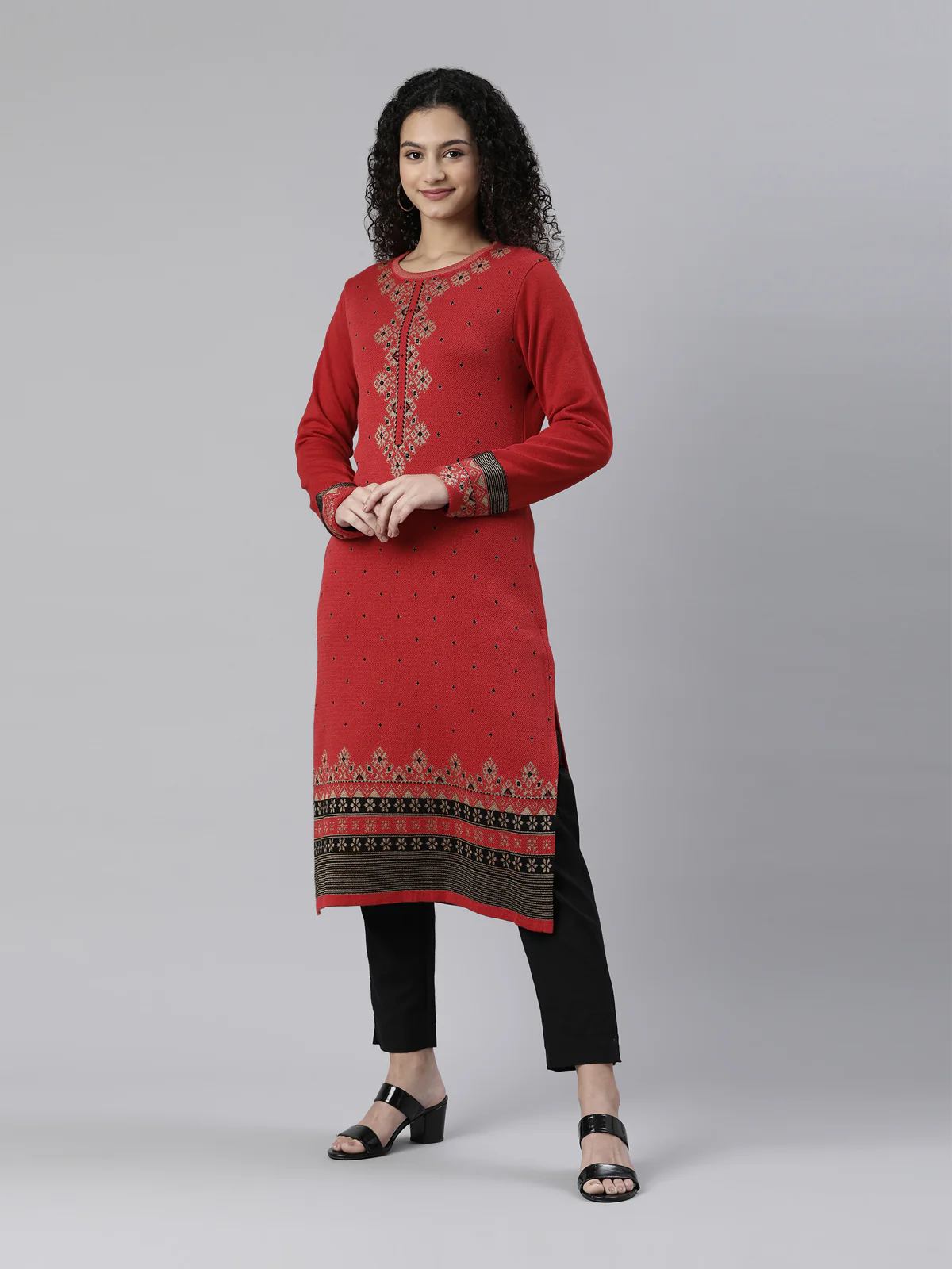 Neerus Winter Wear Red Black Ethnic Motifs Acrylic Kurta For Women - Image 2