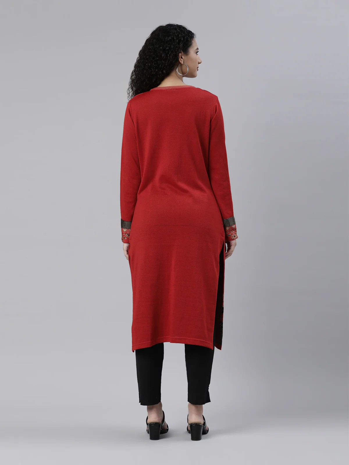 Neerus Winter Wear Red Black Ethnic Motifs Acrylic Kurta For Women - Image 3