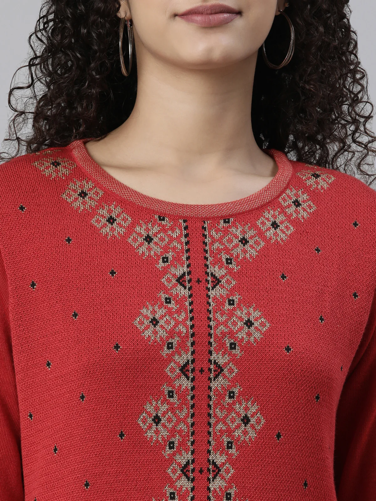 Neerus Winter Wear Red Black Ethnic Motifs Acrylic Kurta For Women - Image 4