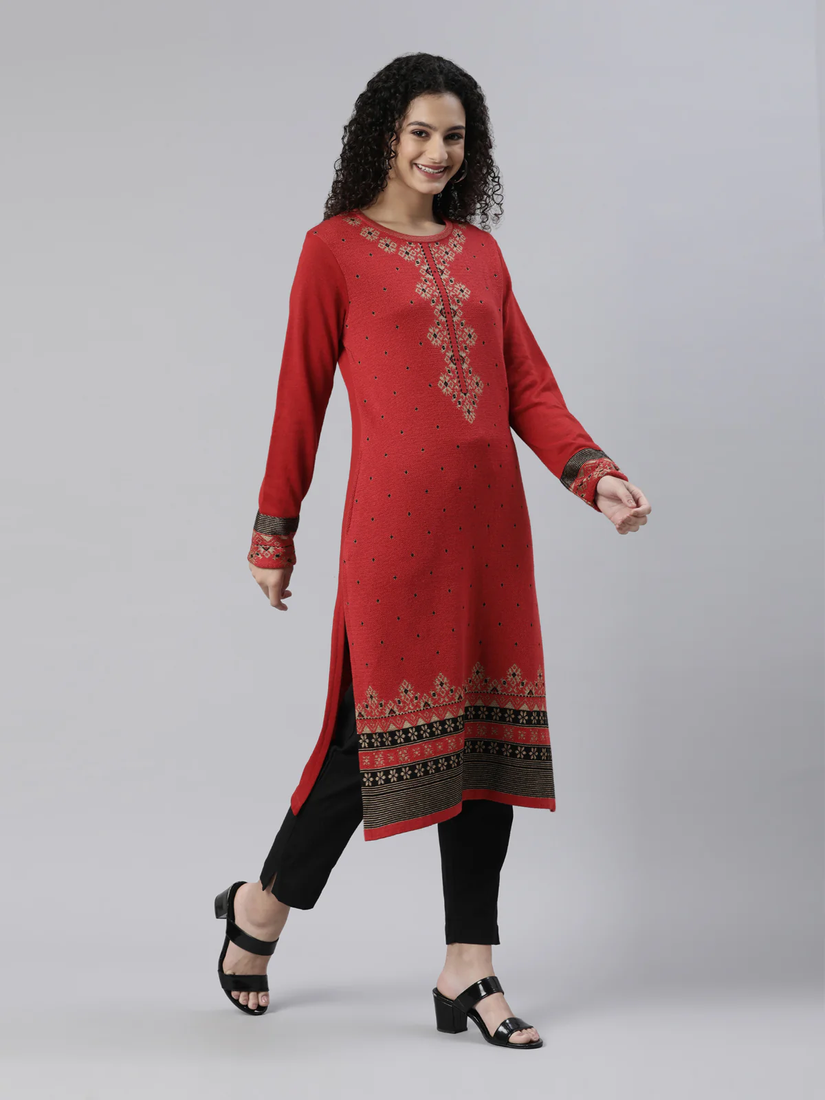 Neerus Winter Wear Red Black Ethnic Motifs Acrylic Kurta For Women - Image 5
