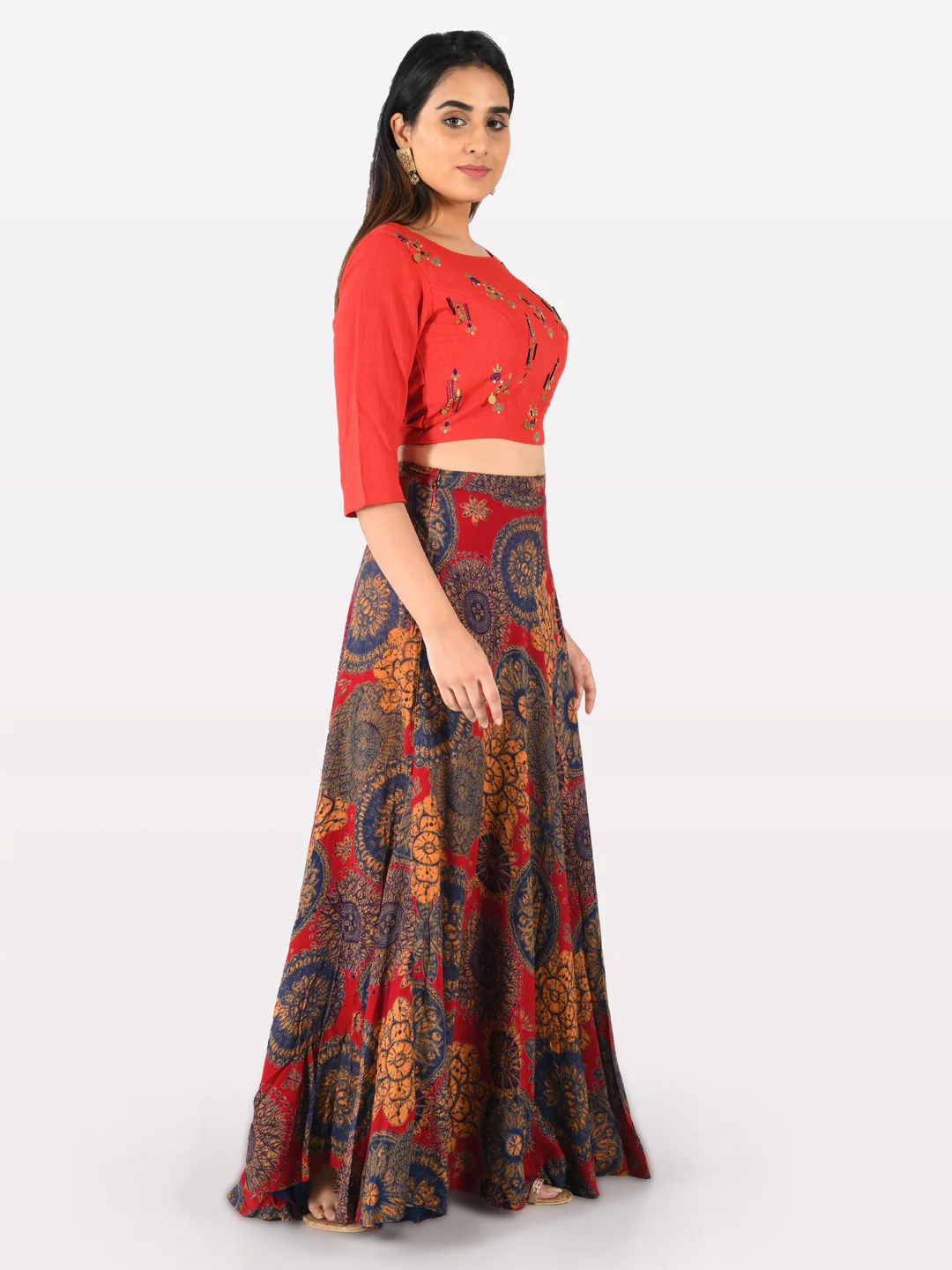 Neerus Women Red Color Rayon Fabric Croptop-Skirt - Image 4