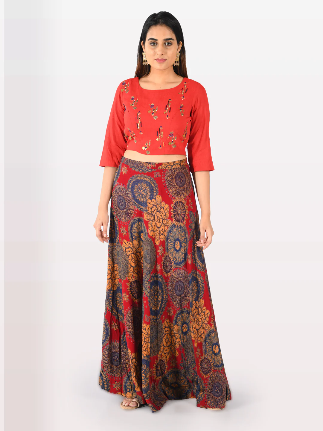Neerus Women Red Color Rayon Fabric Croptop-Skirt - Image 5