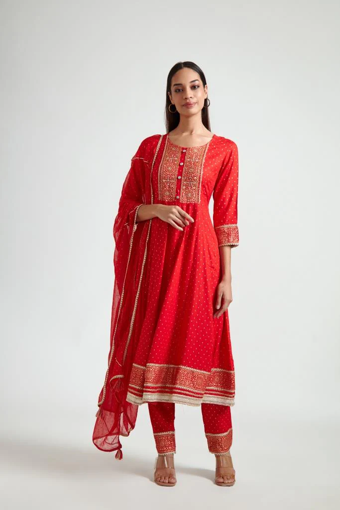 Neerus Women Red Ethnic Motifs Printed Kurta with Trousers With Dupatta