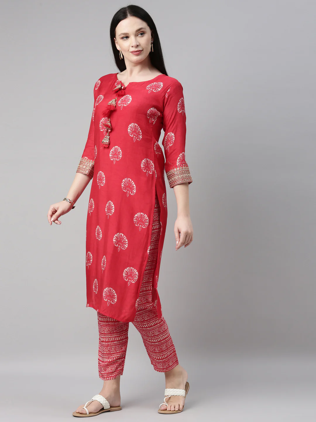 Neerus Women Red Ethnic Motifs Printed Regular Zardozi Kurta with Trousers - Image 2