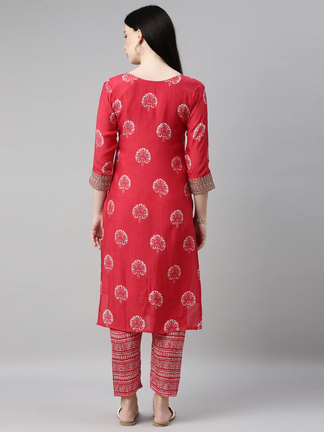 Neerus Women Red Ethnic Motifs Printed Regular Zardozi Kurta with Trousers - Image 3
