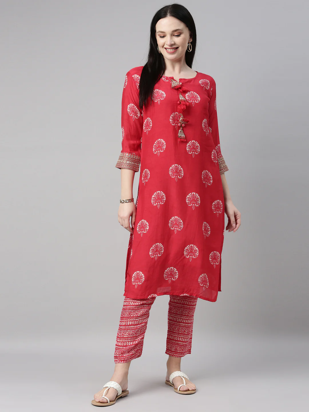 Neerus Women Red Ethnic Motifs Printed Regular Zardozi Kurta with Trousers - Image 5