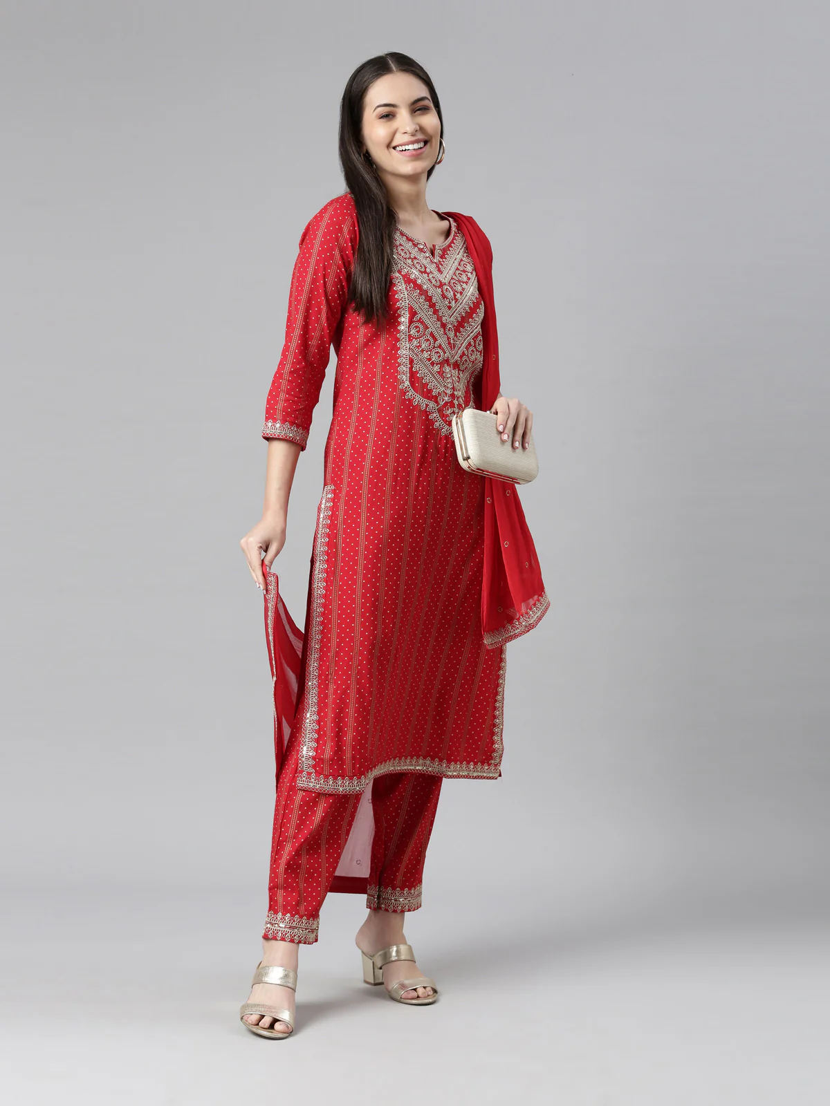 Neerus Women Red Floral Printed Kurta with Trousers With Dupatta - Image 5