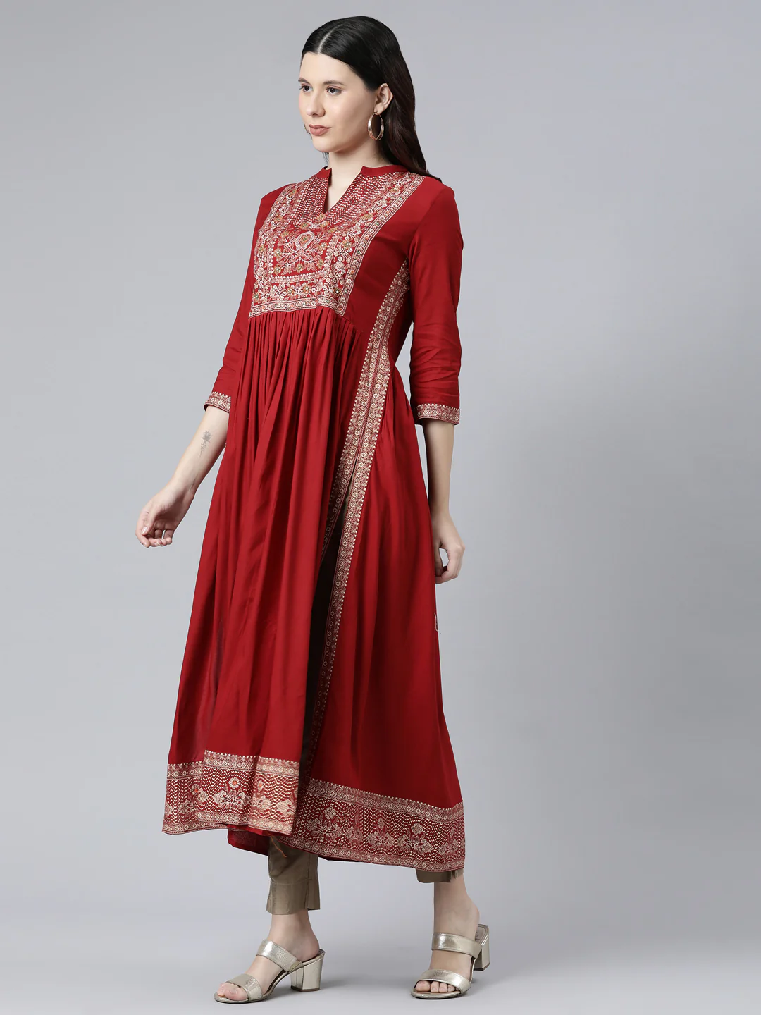 Neerus Women Red Floral Yoke Design Anarkali Kurta - Image 2
