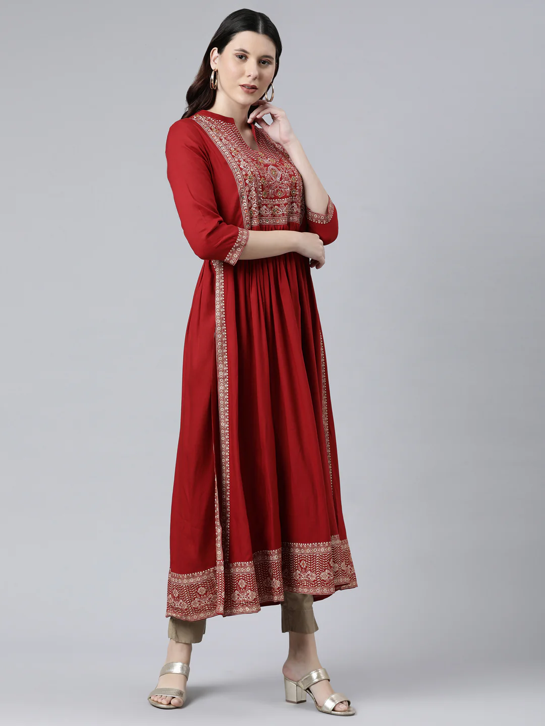 Neerus Women Red Floral Yoke Design Anarkali Kurta - Image 3