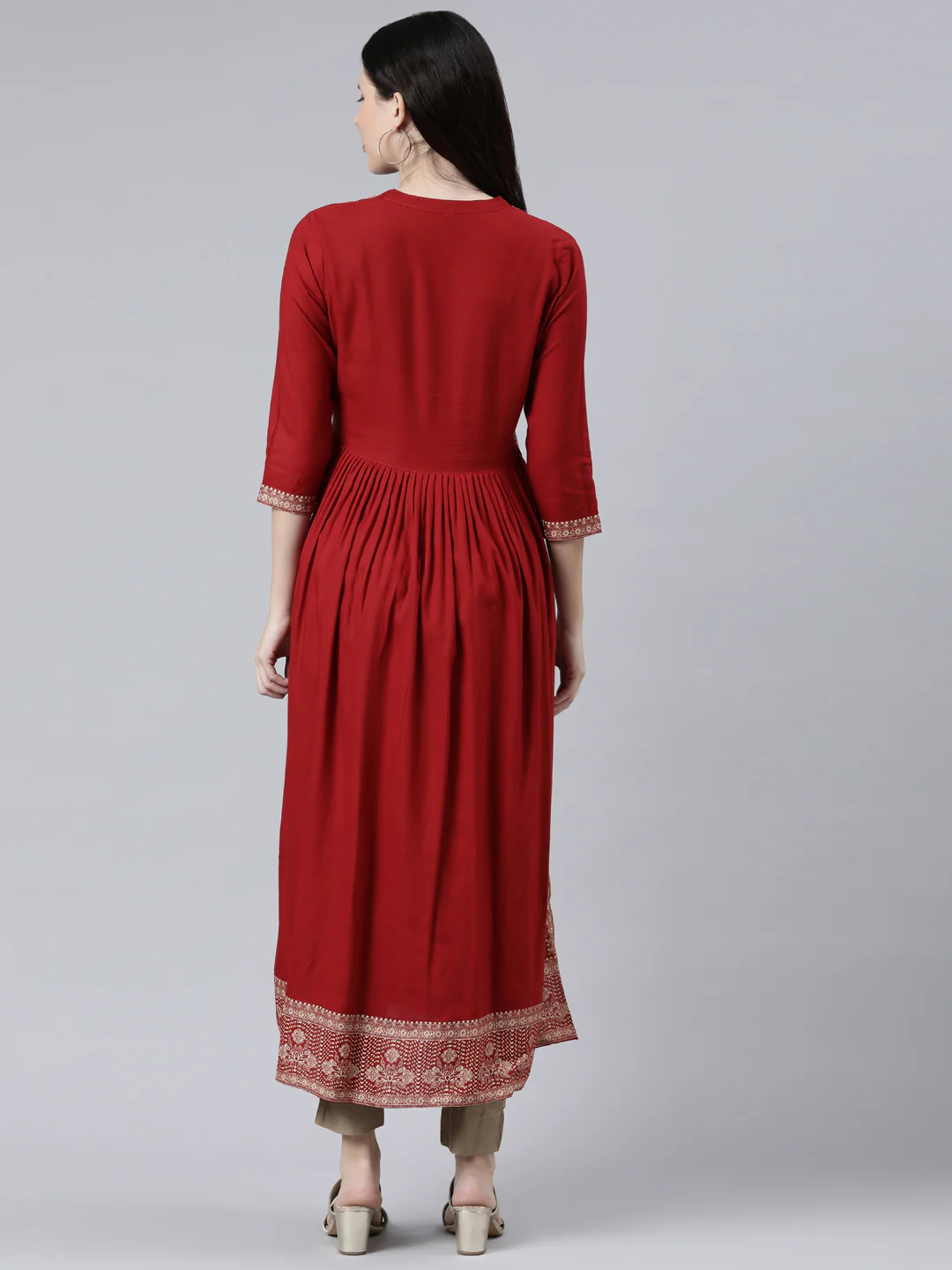 Neerus Women Red Floral Yoke Design Anarkali Kurta - Image 4