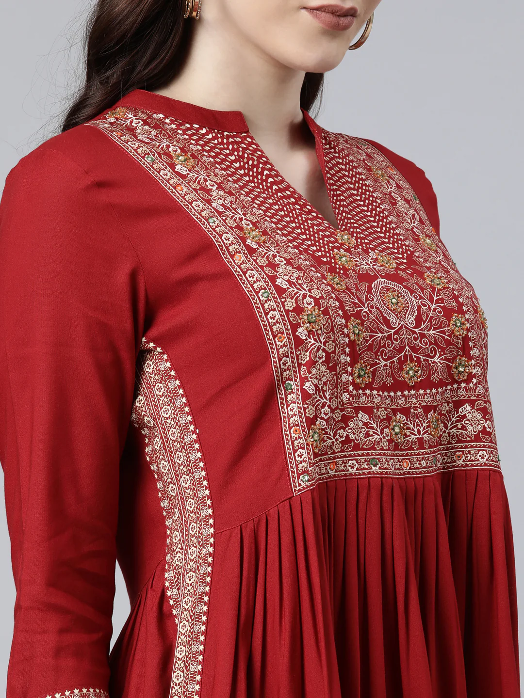 Neerus Women Red Floral Yoke Design Anarkali Kurta - Image 5