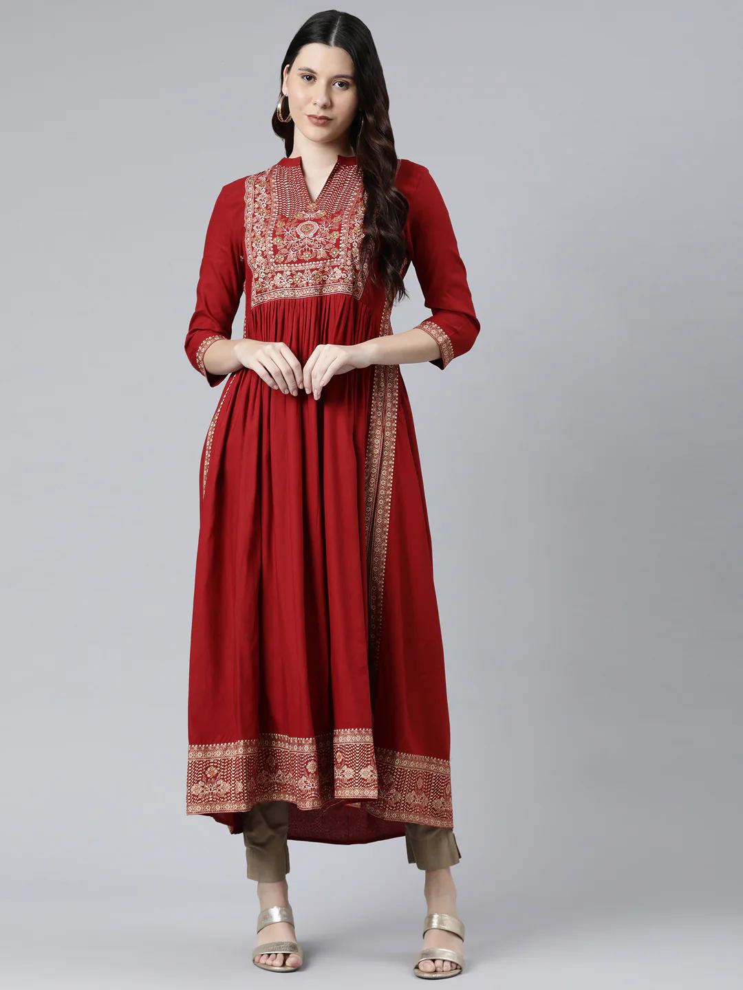 Neerus Women Red Floral Yoke Design Anarkali Kurta - Image 6