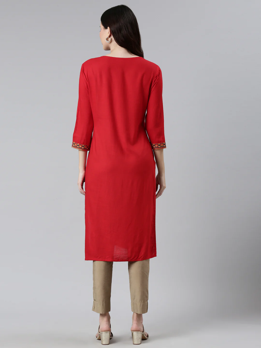 Neerus Women Red Floral Yoke Design Kurta - Image 3