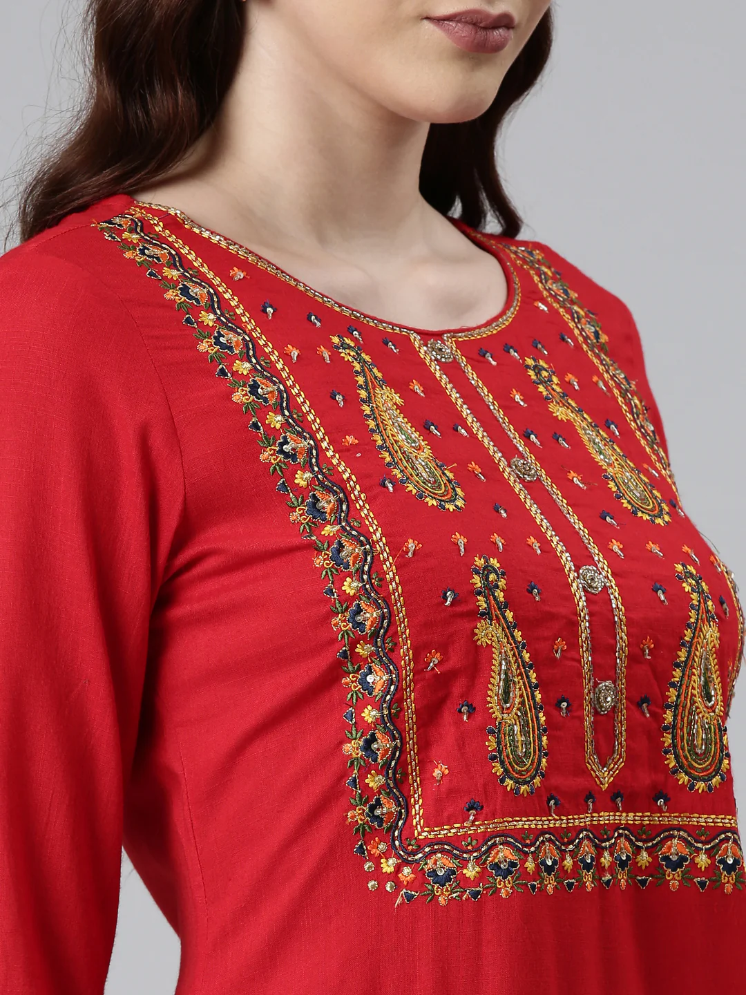 Neerus Women Red Floral Yoke Design Kurta - Image 4
