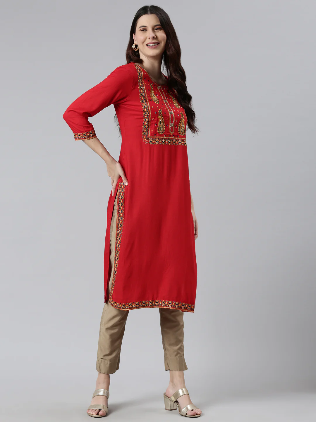 Neerus Women Red Floral Yoke Design Kurta - Image 5