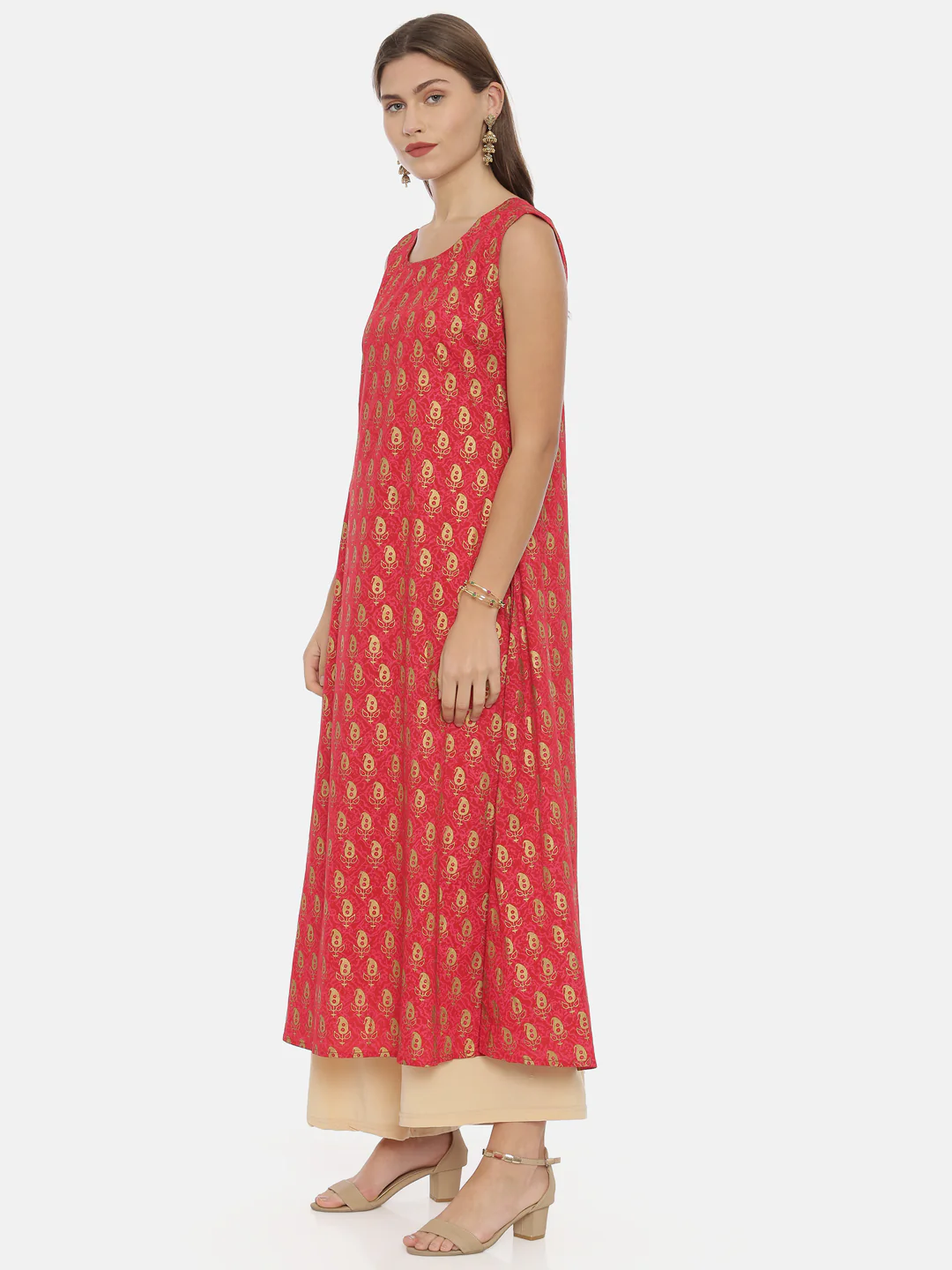 Neerus Women Red Gold-Toned Printed Straight Kurta - Image 3